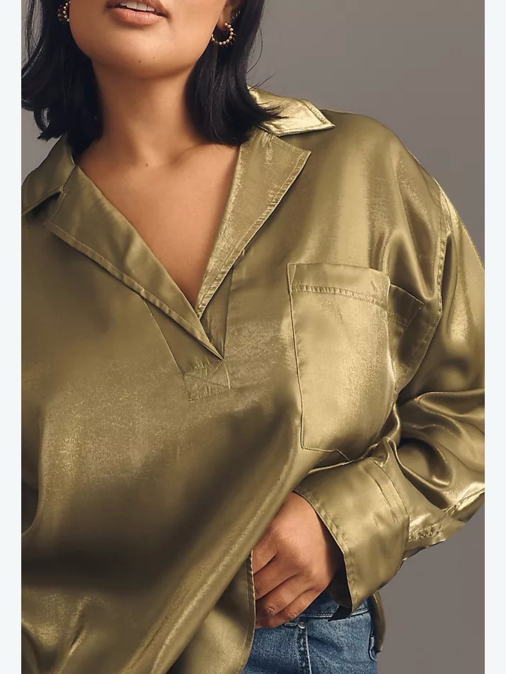 Pilcro Anthropologie Large Olive Green Satin Blouse Oversized OB1786712